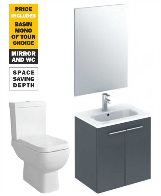 Sonas 50 Paris Wall Hung 2 Doors Gloss Grey Unit & Tap & S600 Wc - *Special Offer